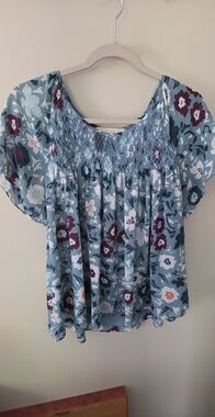 LOFT Blue Floral Smocked Yoke Blouse